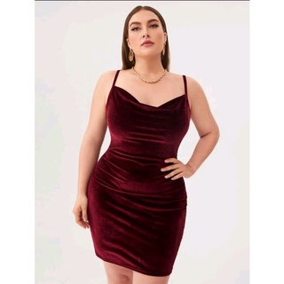 🍒เดรสพลัสไซส์🍒 0XL-4XLผ้ากำมะหยี่ คอย้วย สีแดง สีเบอร์กันดี เขียวเหนี่ยวทรัพย์