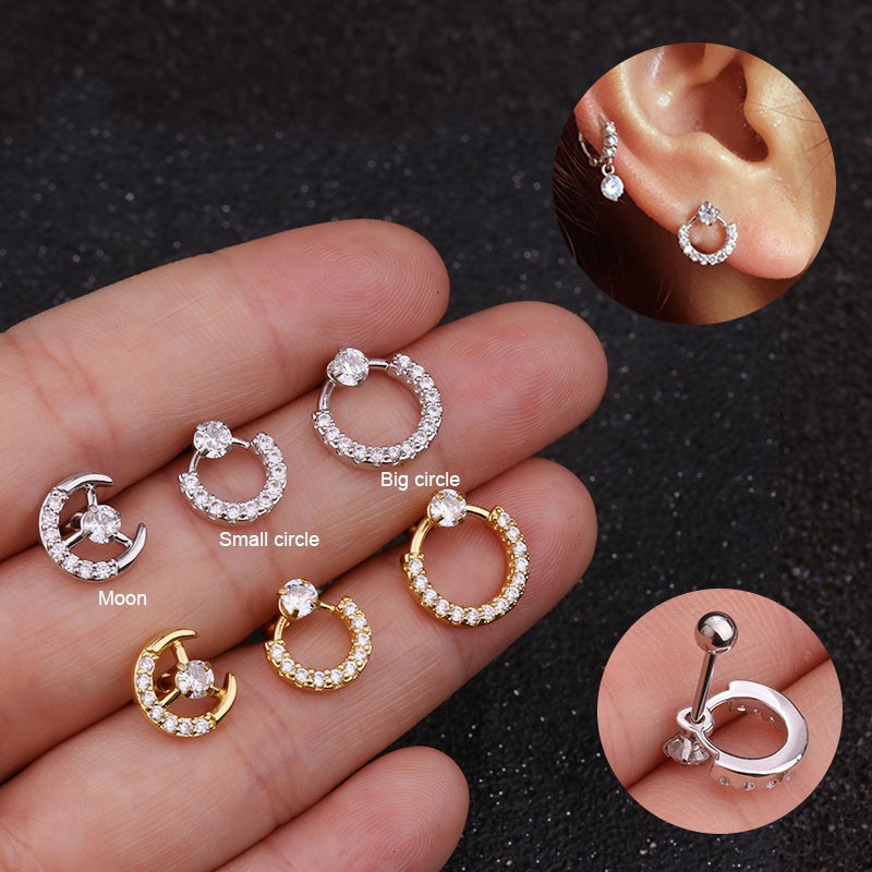 BBLOGO34 จิวหูก้าน 0.8mm. + วงกลมฝั่งเพชร แฟชั่นเกาหลี (ราคาต่อ 1 ข้าง)