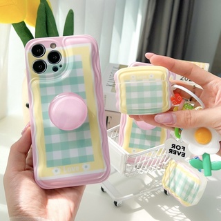 [i14] พร้อมส่งในไทย🍭Set case เซตเคส สำหรับ IPhone+AirPods case💖เคสลายสก๊อตกรอบชมพู+holder ไอริง เคสไอโฟน 14Pro,14Promax