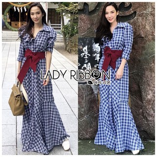Lady Nancy Dark Blue Tartan Shirt Long Dress with Red Ribbon