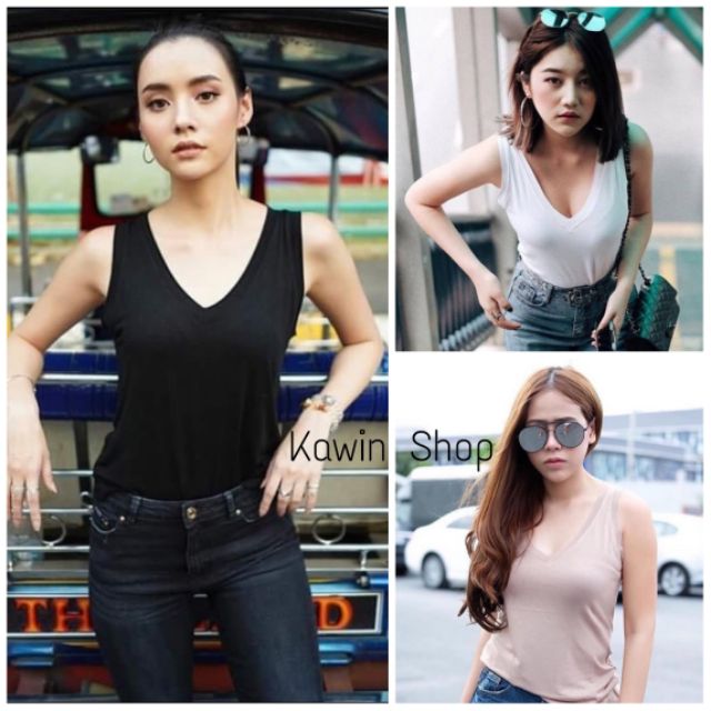พร้อมส่งTOPSHOP🌻เสื้อยืดแขนกุดคอวี ผ้าเรย่อน ใส่สบายมาก🌻งานป้าย