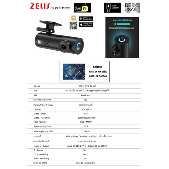 กล้อง ติด รถยนต์ Zeus รุ่น DVR 44 WiFi "รุ่นเทคโนโลยี ไฮเทค รูปแบบกล้องหน้าอย่างเดียว"