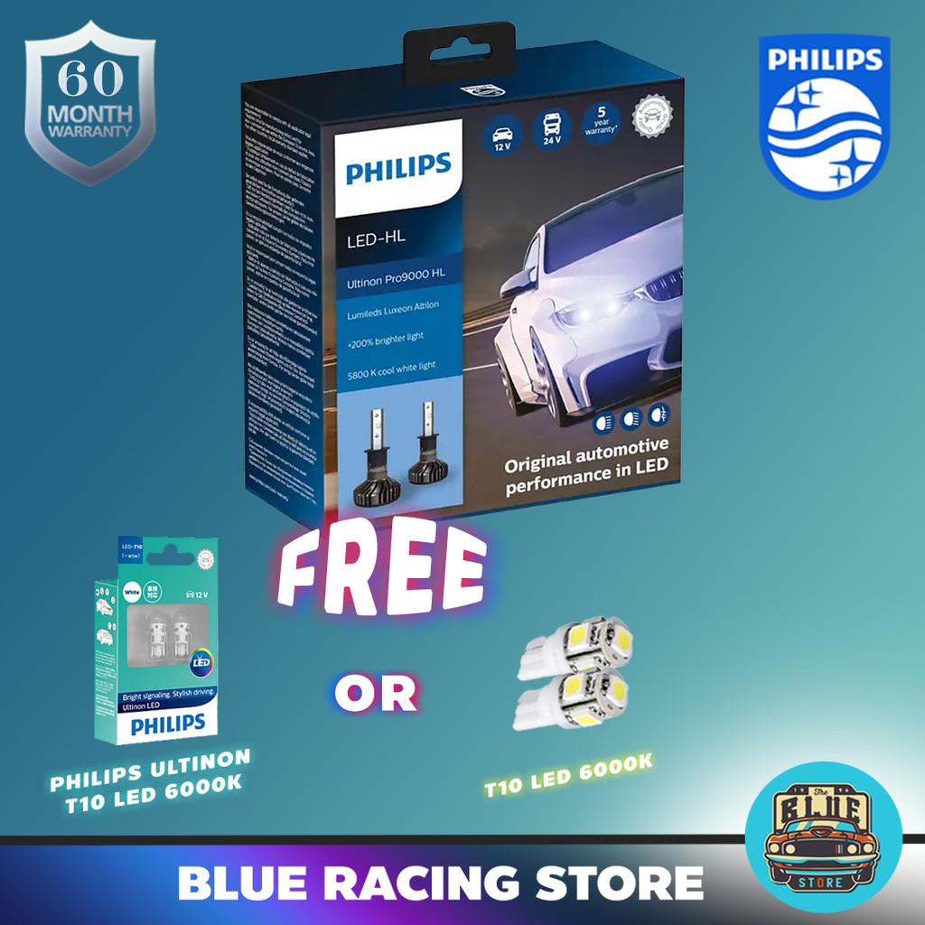 หลอดไฟหน้ารถยนต์ PHILIPS : ULTINON PRO9000 250% ขั้ว H1 H3 H4 H8 H11 H16 HB3 HB4 HIR2 FOG แถมฟรี ไฟห