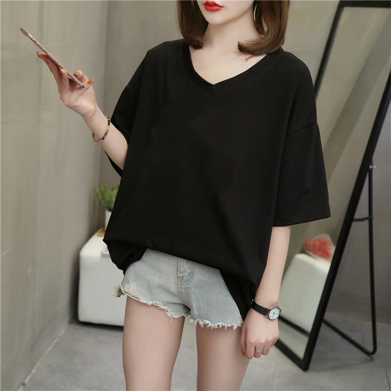 Plus ขนาด(40-150กก.) 6 สีผู้หญิงคอวีเสื้อยืดขนาดใหญ่ธรรมดาหลวมสไตล์เกาหลีเสื้อยืดท็อปส์