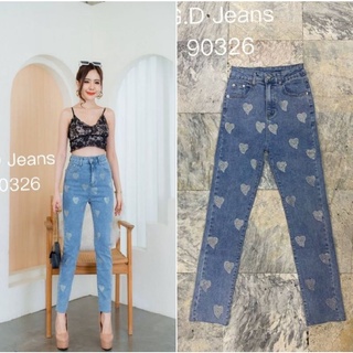 G.D.Jeans รุ่น 90326#กางเกงยีนส์แฟชั่นขายาวผ้ายืดเอวสูงทรงกระบอกเล็กดีไซร์อัดเพชรลายรูปหัวใจแบบเก๋ๆ