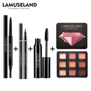 LAMUSELAND  4Pcs/Set Eye set waterproof and sweat-proof eyebrow pencil eyeliner non-smudge mascara 9- color diamond eyeshadow palette  #LAS210A-210C