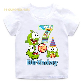 เสื้อยืด พิมพ์ลายกราฟฟิคเกม Cut The Rope Om Nom Frog สําหรับเด็กผู้ชาย ผู้หญิง 1 2 3 4 5 6 7 ปี