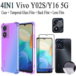 4in1 เคสโทรศัพท์ สี + ฟิล์มด้านหลัง + ฟิล์มกระจกนิรภัย + ฟิล์มเลนส์ สําหรับ VIVO Y02S Y02 S Y 02S Y16 5G Y02