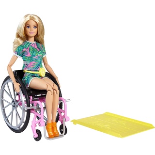 Barbie Fashionistas Doll #165 with Wheelchair and Ramp, Tropical Outfit with Accessories GRB93 ตุ๊กตาบาร์บี้แฟชั่น ตุ๊กตาบาร์บี้ #165 ชุดรถเข็น และทางลาด สําหรับเขตร้อน พร้อมอุปกรณ์เสริม GRB93