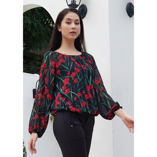 Lady Plus เสื้อชีฟองลายดอกไม้แขนยาว | Floral Print Chiffon Blouse with Long Sleeves