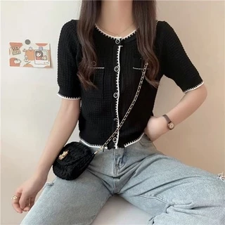 DODO🌟พร้อมส่ง​🌟​เสื้อคอกลมแขนสั้นแต่งกระเป๋าสองข้างทรงสวยฮิตสไตล์คุณผู้หญิงสีดำ/สีขาว(10029)