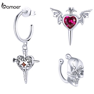 Bamoer 1 Piece 925 Sterling Silver Earring Skull Butterfly Devil Wings Love Sword Stud Red Crystal SCE1178