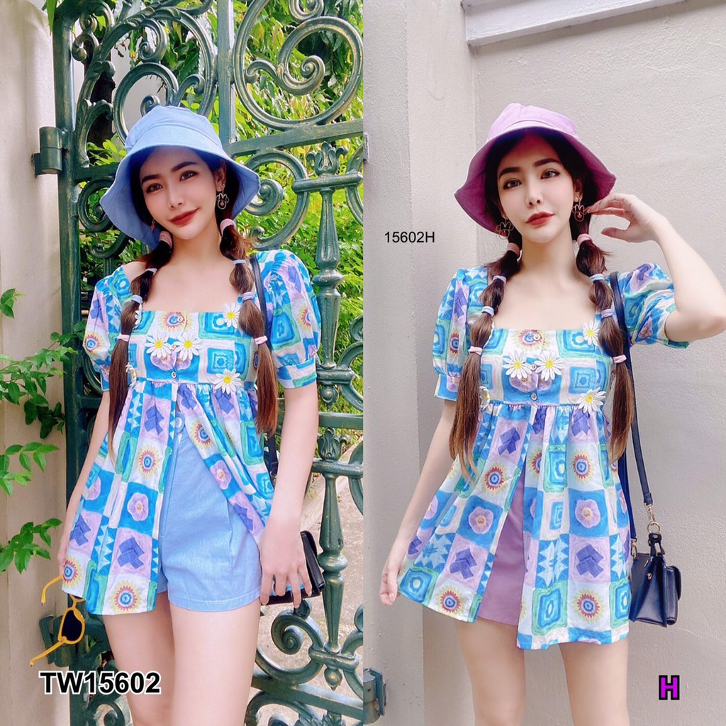 set 3 ชิ้น เสื้อแขนตุ๊กตาผ่าหน้าพิมลายกราฟฟิก + กางเกงขาสั้น + หมวกบัคเก็ต TT15602