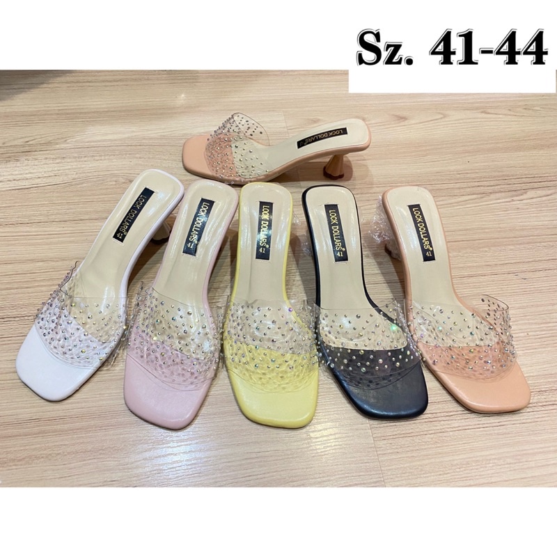 รองเท้าส้นแชมเปญ คาดหน้าใสแต่งคริสตัล sz.41-44