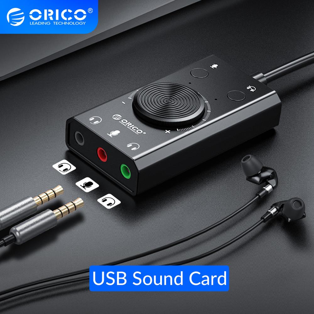 ORICO การ์ดเสียง USB แบบพกพาสําหรับหูฟังไมโครโฟน 2 in 1 3 พอร์ตเอาต์พุตปรับระดับเสียงภายนอกสําหรับ Windows Mac Linux