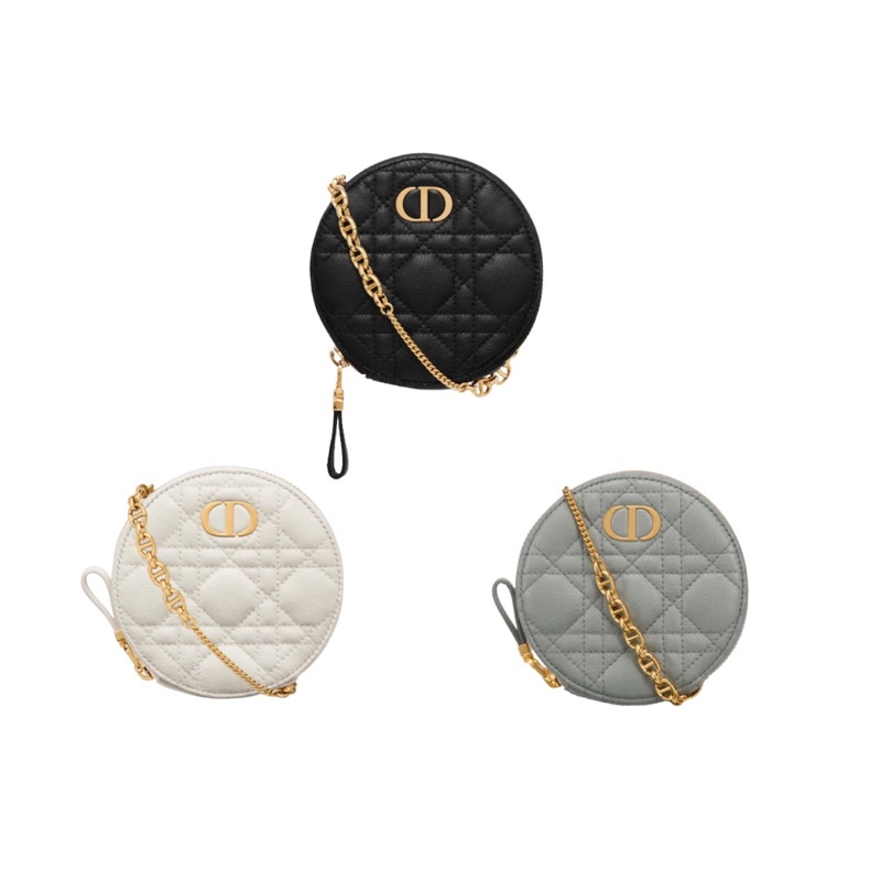 ASCE｜กระเป๋า Dior Caro Leather Small Round Chain Bag สีดำ/ขาว/น้ำเงินเทา