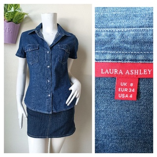 Laura ashley เสื้อเชิ้ตผู้หญิง แขนสั้น ผ้ายีนส์ ไม่ยืด สีฟ้า Size  UK 8 / USA 4/ EUR 34 รอบอก 36 นิ้วค่ะ