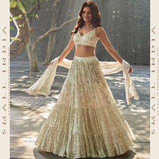 {**ส่งฟรี**} SMALL INDIA 🌷 Georgette Outstanding Cream Color Lehenga ชุดเซ็ทเสื้อกระโปรง 🌷 Lehenga Choli Set