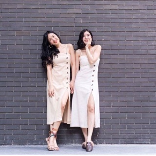 Linen midi dress (Function) -ผ้าลินิน มีลายในตัวใส่สบาย ไม่หด  ไม่ผสมสเปนเด็ซ์ -งานคัดติ้ง100%เนี๊ยบ -มีสาย