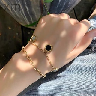 สร้อยข้อมือ เหล็กไทเทเนียม 18K ทรงกลม เลขโรมัน กันน้ํา สีโรสโกลด์ สไตล์ยุโรป อเมริกัน