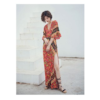 พร้อมส่งฟรี SL XL maxi dress เดรสโบฮีเมียน โชว์หลัง ผ่าข้าง ชุดเที่ยวทะเล