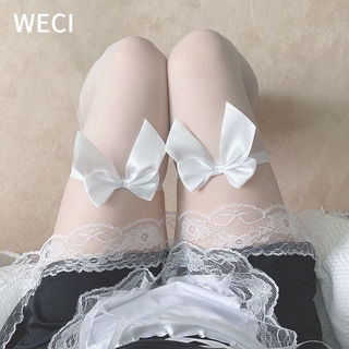 【พร้อมส่ง】WECI Kawaii ถุงน่อง ความยาวเข่า ผ้าเชียร์ ประดับโบว์น่ารัก สีโปร่งใส สําหรับผู้หญิง