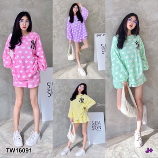 TW16091  Set เสื้อโอเวอร์ไซส์แขนยาว+กางเกงขาสั้น