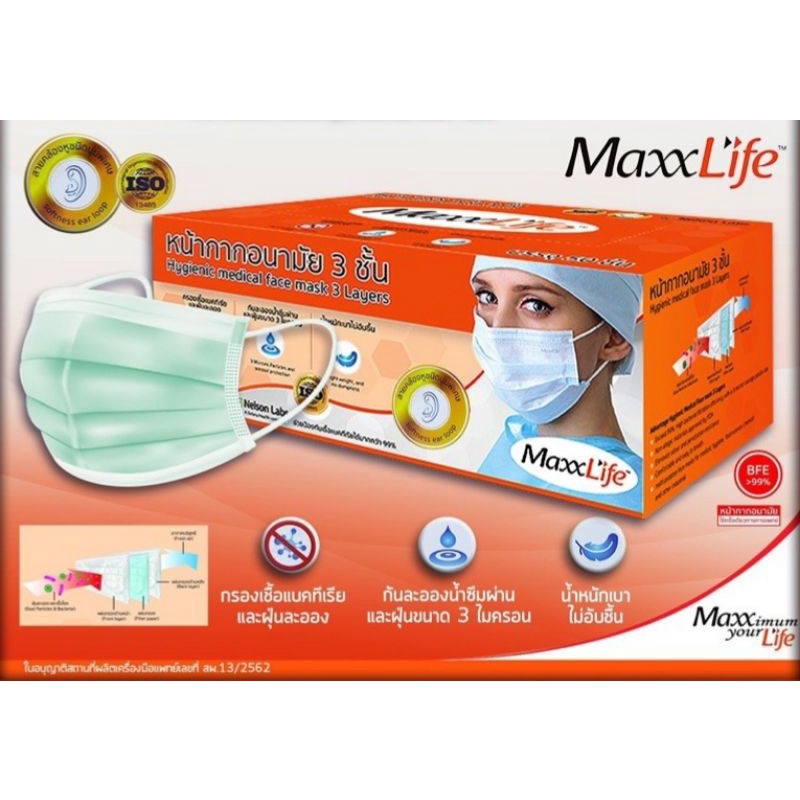 หน้ากากอนามัยใช้ในทางการแพทย์ แมส 3 ชั้น แบรนด์ Maxxlife (กล่องละ 50 ชิ้น)