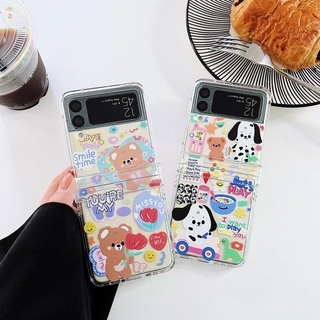 เคสโทรศัพท์มือถือแฟชั่น ลายดอกไม้ หมี สุนัข สามชิ้น พร้อมขาตั้ง สําหรับ Samsung Z Flip4 Z Flip3