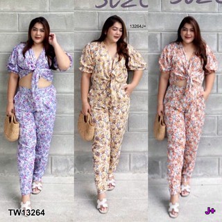 TwinsShopVip💗พร้อมส่ง TW13264 Set 2 ชิ้น #Bigsize เสื้อผูกอก+กางเกงขายาว ลายดอกไม้