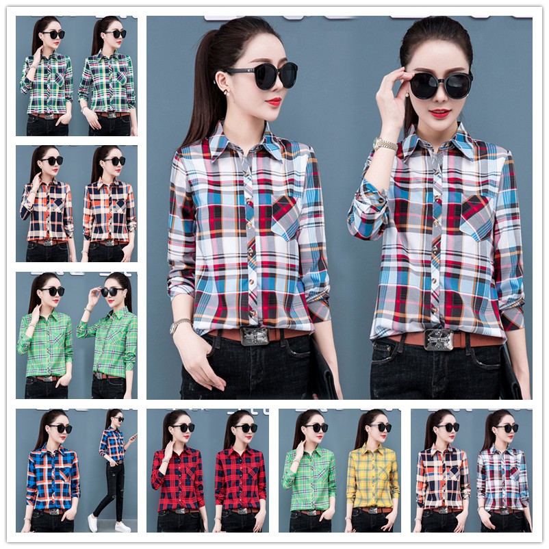 เสื้อเชิ้ตผู้หญิงลายสก๊อตเสื้อเชิ้ตทำงานผู้หญิงแขนยาวแฟชั่นระบายอากาศสบาย