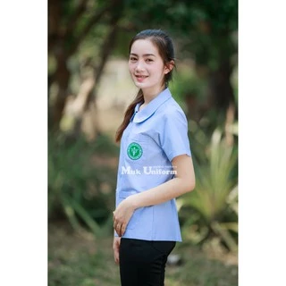 ( Live 11.30 - 13.00 น.ทุกวัน ) เสื้อกาวน์ คอบัว แขนสั้น ฟ้าริ้ว ฟ้า-ขาว ตรากระทรวงสาธารณสุข มุกยูนิฟอร์ม
