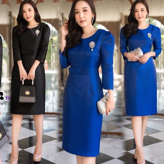 เดรสออกงาน เดรสผ้าไหมญี่ปุ่นเนื้อทราย สวมสบายซับในนุ่มทั้งชุดค่ะ M-3XL สีดำ สีน้ำเงิน เดรสไปงาน ทำงา