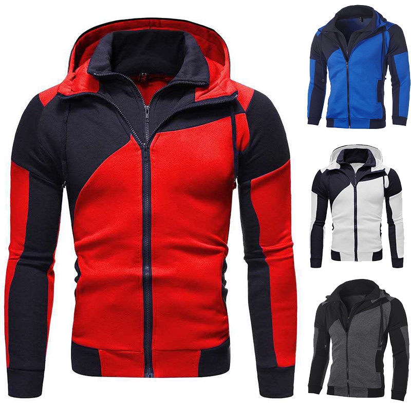 แฟชั่นผู้ชายปลอมสองชิ้นแขนยาวhoodieซิปเสื้อกันหนาวผ้าฝ้ายblacktipe Hodie Reglanสบายๆ