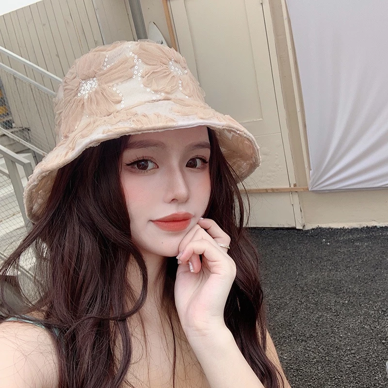 หมวกบักเก็ตแต่งลูกไม้ กันแดด แฟชั่นผู้หญิง