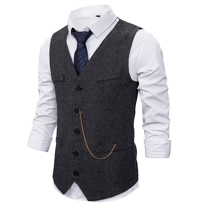 Mens Vests Gold Chain Decoration Single Breasted Men's Suit Vest Casual Wild V Neck Top Spring New Grey Black Brown #4