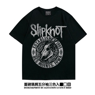 เสื้อยืดสีขาว∈☄Ami สีกากี American Heavy Slipknot Rock Fall สไตล์ไหล่ห้าจุดแขน Oversize เสื้อยืดผู้ชายฤดูร้อนS-4XL