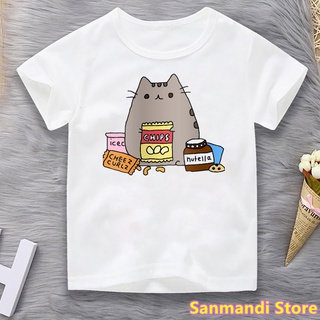 เสื้อยืด ลายแมว Pusheen สีขาว สไตล์ฮาราจูกุ สําหรับเด็กผู้ชาย และเด็กผู้หญิง