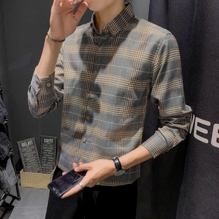 Men  Shirt Plaid Long-Sleeved Spring Slim Korean Handsome Shirt M-3Xl Size