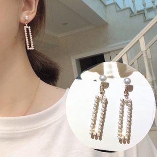 Korean jewelry long high-end elegant square pearl earrings female fashion trend red simple and refreshing earrings