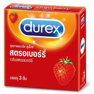 ถุงยางรุ่นสุดฮิต ++Durex Strawberry++ ถุงยางอนามัย กลิ่นสตรอเบอร์รี่ ขนาด 52.5 มม. บรรจุ 1 กล่อง (3 ชิ้น)