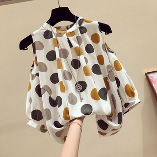 เสื้อเชิ้ตแขนสั้น เปิดไหล่ ผ้าชีฟอง ลายจุด ทรงหลวม พลัสไซซ์ สําหรับผู้หญิง