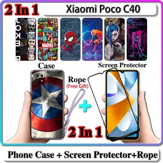 2 IN 1 เคส Xiaomi Poco C40 พร้อมกระจกนิรภัยกันรอยหน้าจอโค้ง เซรามิค LOL และการออกแบบฮีโร่