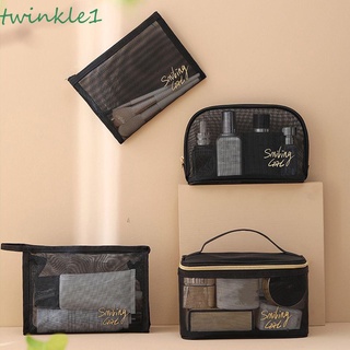 Twinkle1 กระเป๋าเครื่องสําอาง กระเป๋าถือ ผ้าตาข่าย สีดํา แฟชั่นสําหรับเด็กผู้หญิง เหมาะกับการเดินทาง