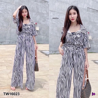 TW16023 Set 2 ชิ้น เสื้อครอปคอปกโปโล แขนสั้น + กางเกงเอวยางยืด มีสายรูดผูกเอว มีกระเป๋าข้าง เนื้อผ้าไหมเกาหลีลายม้าลาย