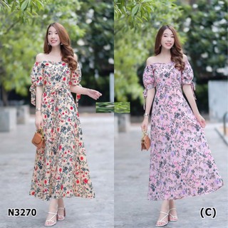 ์N3270Maxi dress ลายดอกไม้สุดฮิตผูกโบว์ที่แขน ทรงแขนตุ๊กตามีสม๊อคยางที่หัวไหล่