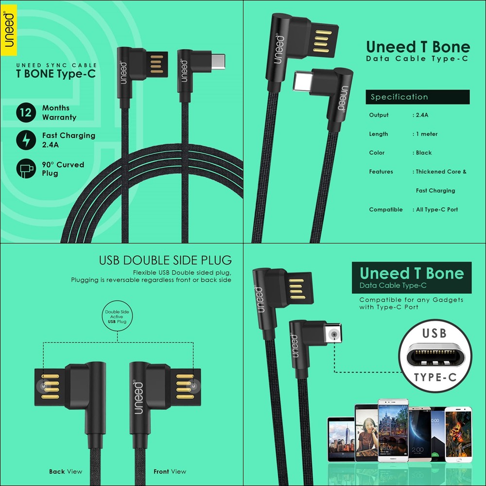 สายเคเบิลข้อมูล Uneed Tbone Type C USB UCB18C 1M สายชาร์จเร็ว 2.4A