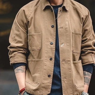 ¤△American retro กระเป๋าสีน้ำตาล heavy tooling jacket lapel Ami สีกากี vintage jacket ชาย wild