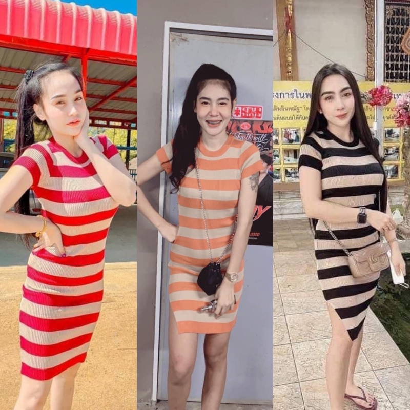 SpinnyHouse เดรสไหมพรม ผ่าข้าง ลายริ้ว ทรงหรูมีระดับ เนื้อไหมพรม งานตามหา ลายริ้วสวย แซกริ้ว แครอท E501A