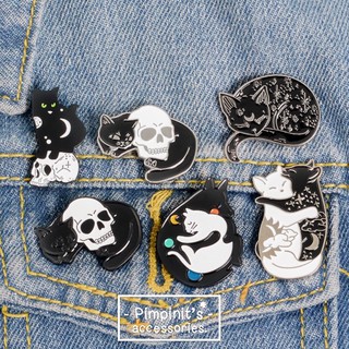 Cartoon Skull Cat Enamel Pins for Backpacks,Cute Enamel Lapel Pin Set Mysterious Witch Moon Black White Hugging Cat Brooches Pin Badges Gift 